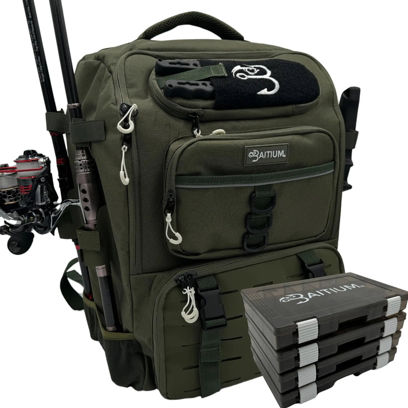 Baitium 40L Fishing Tackle Backpack with Rod Holders, Cooler Pocket & Rain Cover – Green