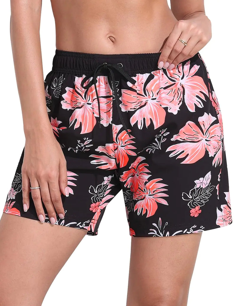 Nonwe Women’s Quick Dry Swim Shorts – Breathable Beach & Surf Boardshorts w/ Pocket, Black & Orange L