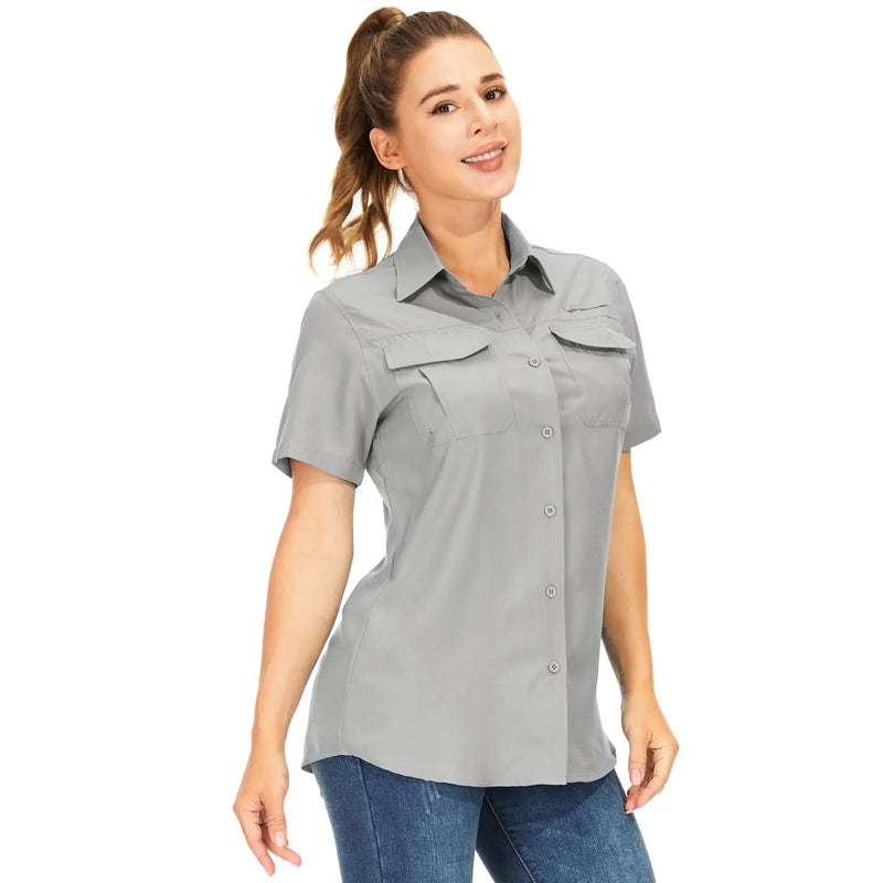 Toumett Women’s UPF 50+ Short Sleeve Safari Shirt Quick Dry UV Protection Hiking Top (XL, Grey)